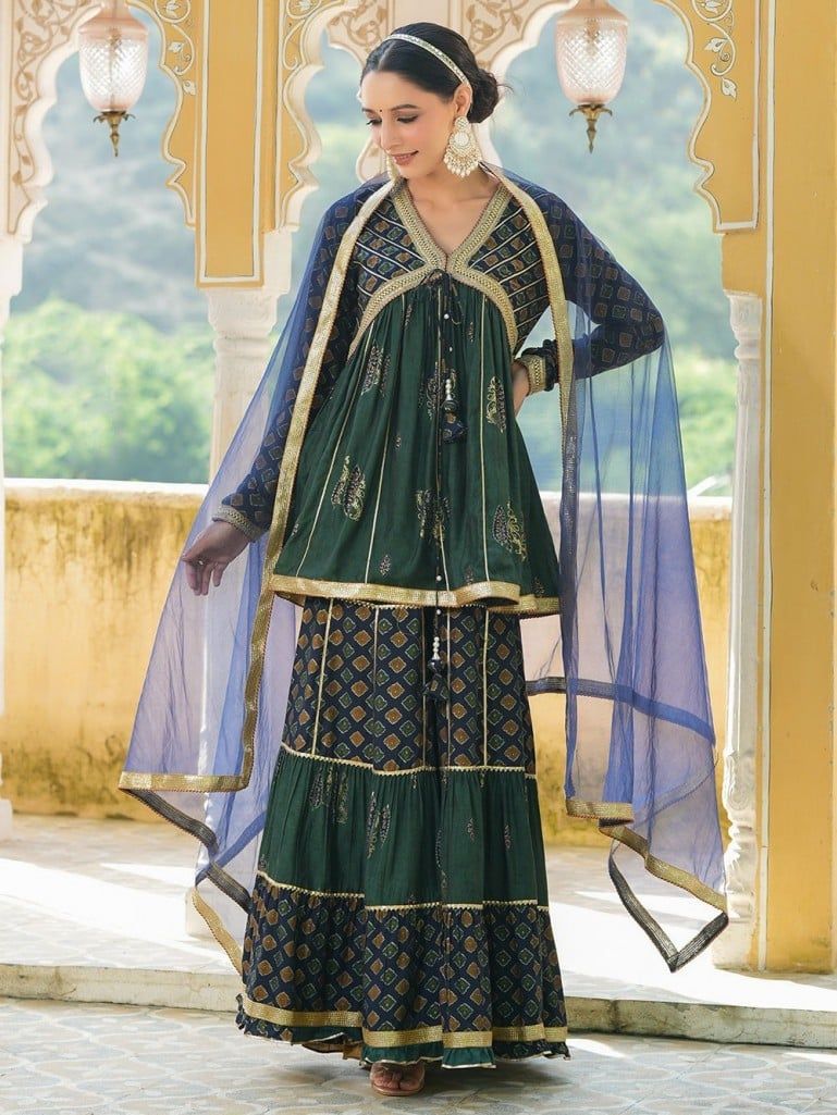 Green Blue Printed Muslin Gota Work Sharara Suit with Net Dupatta- Set of 3