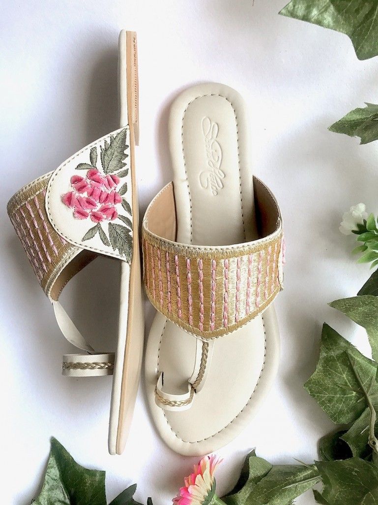 Off White Pink Hand Embroidered Faux Leather Flats