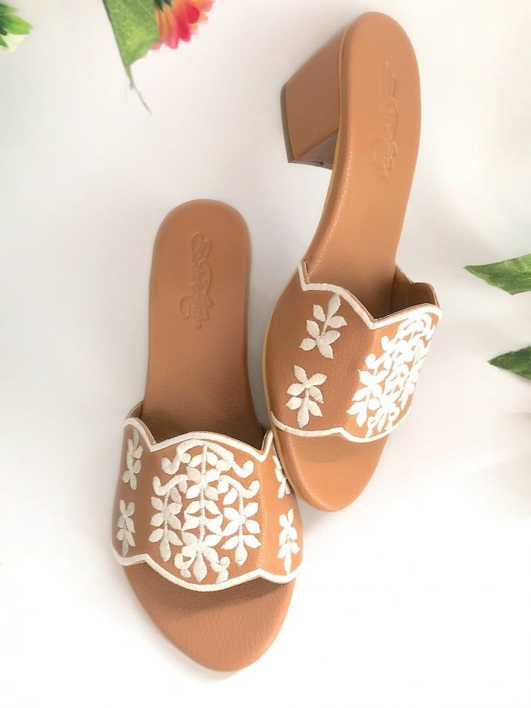 Brown White Embroidered Faux Leather Block Heels