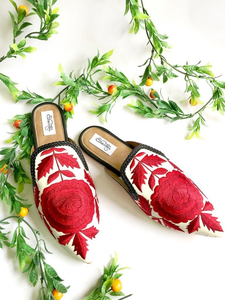 Red Embroidered Faux Leather Mules