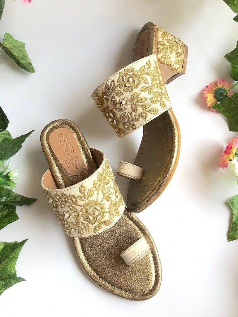 Buy Golden Embroidered Faux Leather Heels | SOH902 | The loom