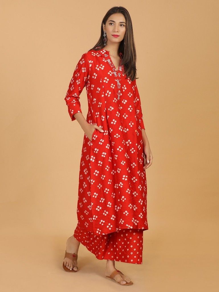 Red Bandhani Cotton Silk Kurta
