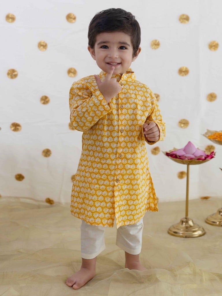 Yellow Hand Block Printed Cotton Kurta with Pajama - Set of 2