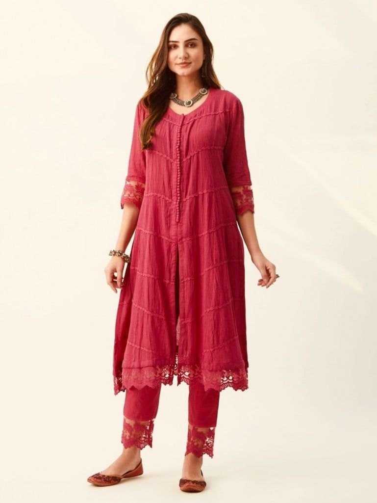 Red Lace Crinkled Cotton Kurta with Slip