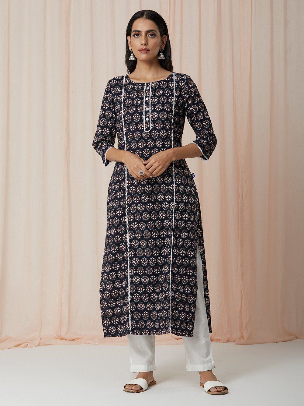 Buy Black Printed Cotton Kurta with White Pants- Set of 2 | #AF-108B ...