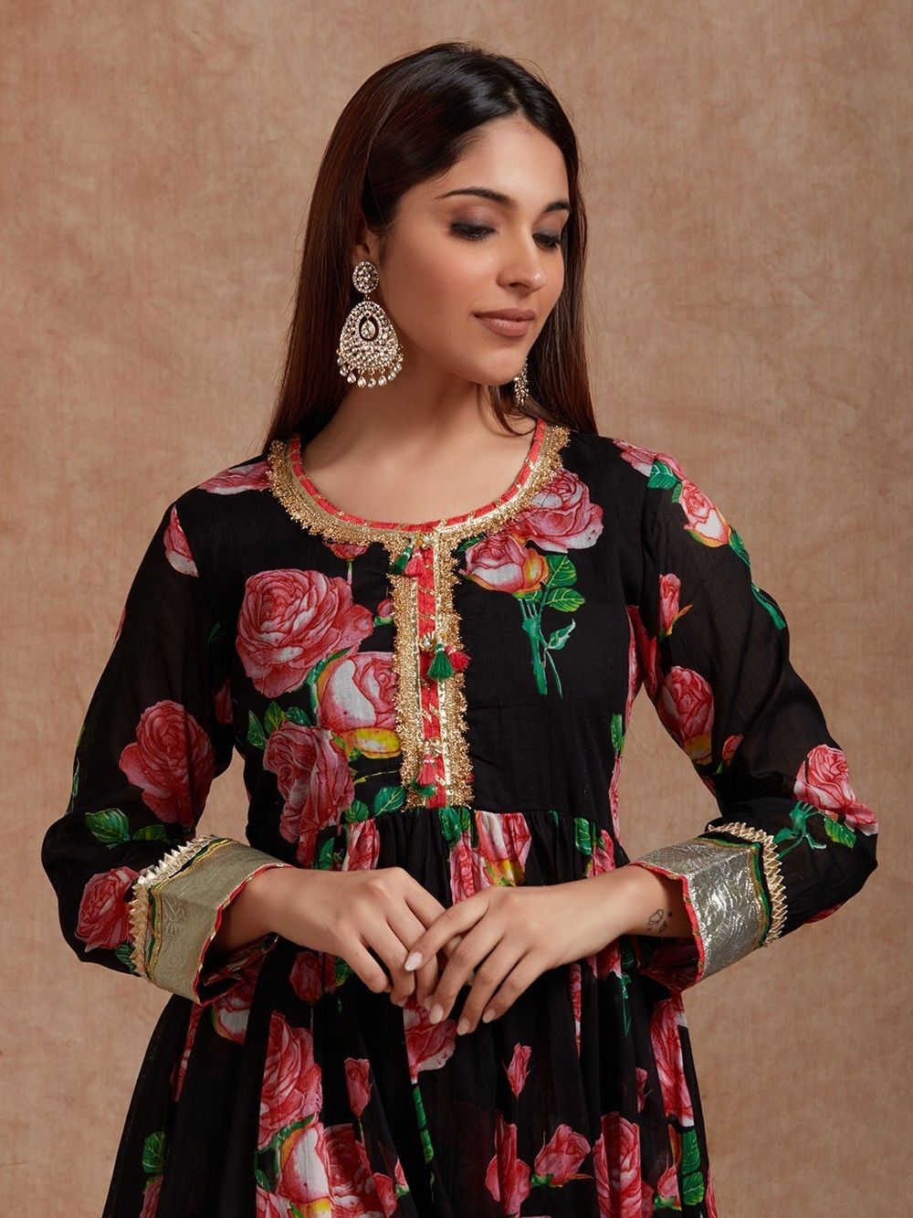 Buy Black Pink Printed Mulmul Anarkali Kurta with Pants- Set of 2 ...