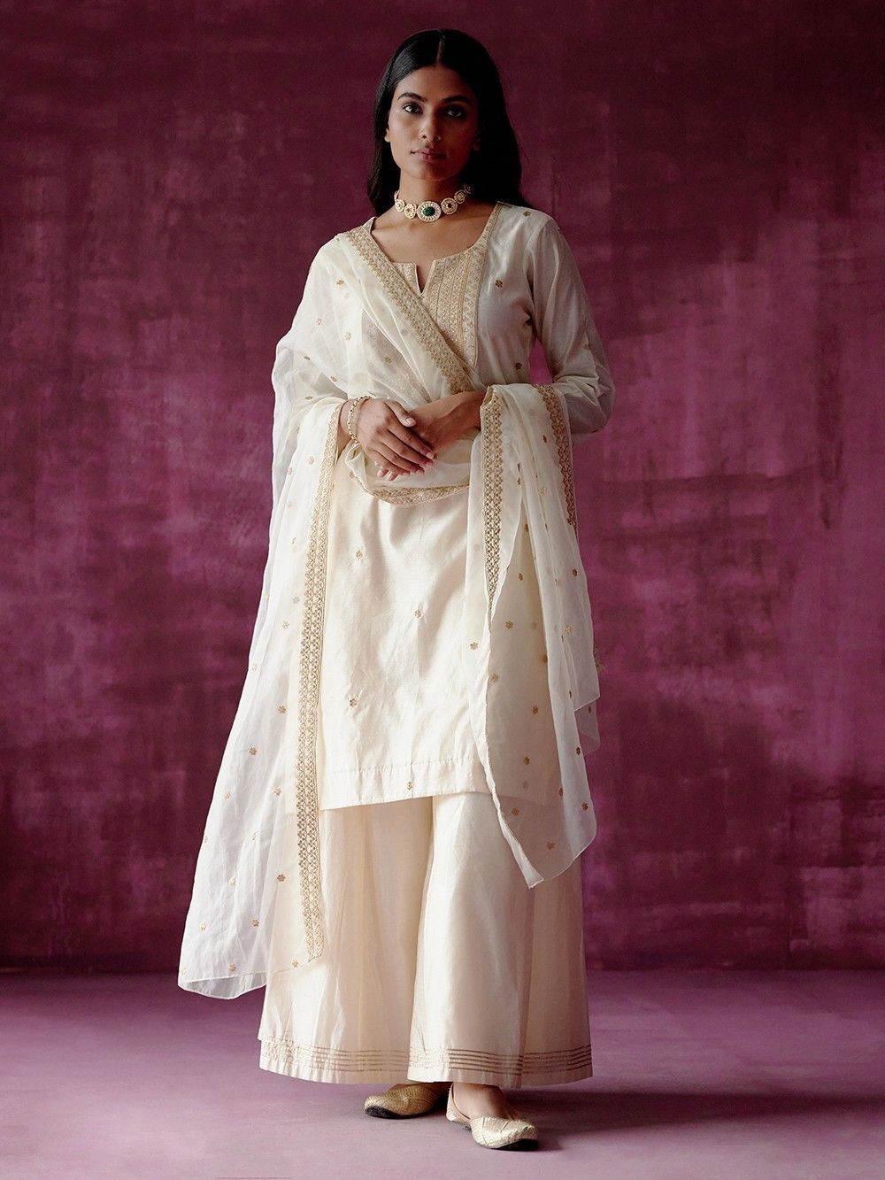 Buy Off White Embroidered Chanderi Sharara Suit with Organza ...