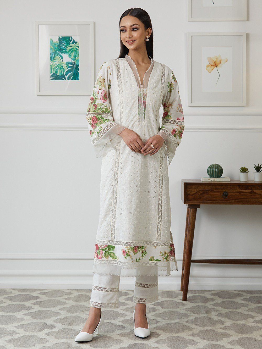 Classic Offwhite Embroidered Kurti With Straight Pants And Dupatta