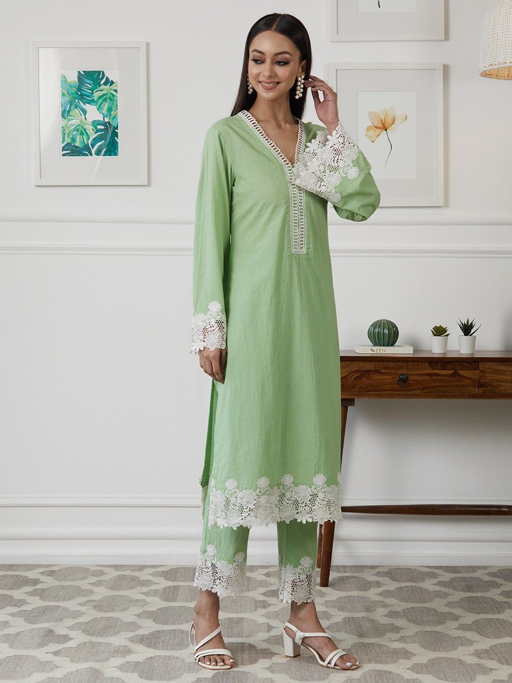 Buy Green Cotton Lace Kurta with Pants - Set of 2