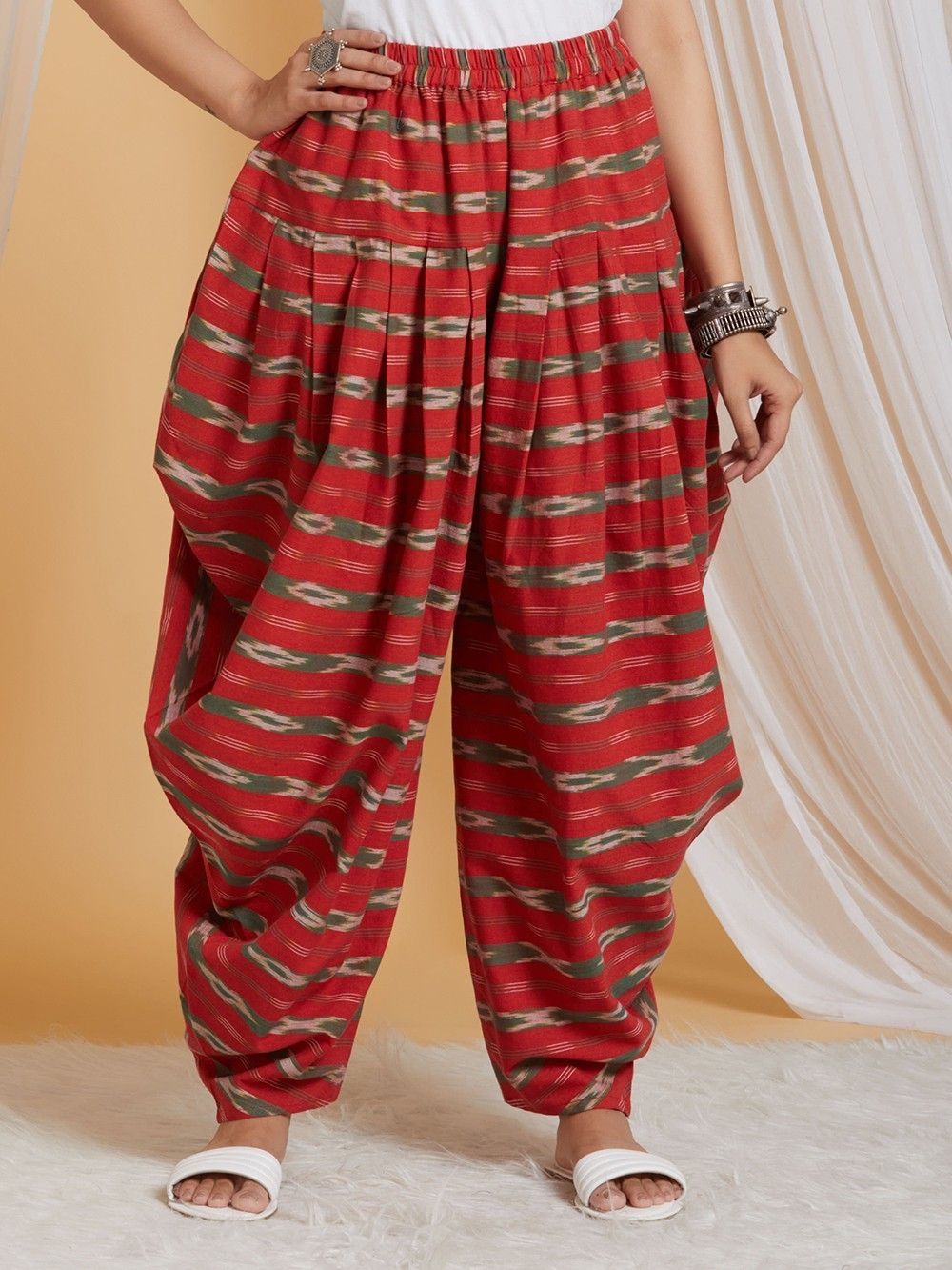 MEDEIROS Dhoti Pants Cotton Ikat Beige and Red - Beunic