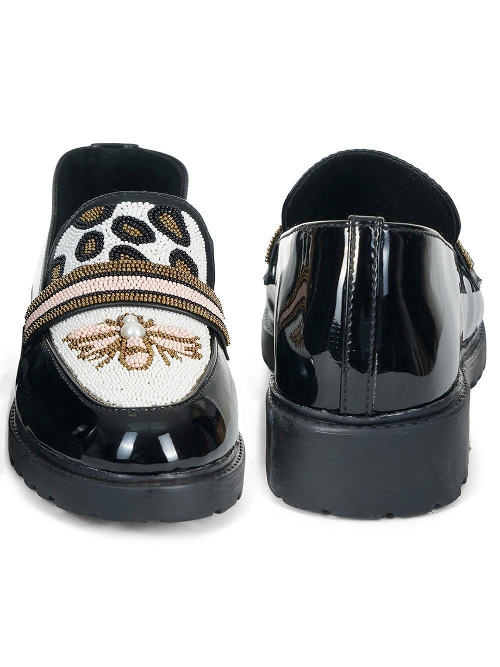 Buy Black White Beaded Embroidered Faux Leather Loafers | 3229/SOH26DEC ...