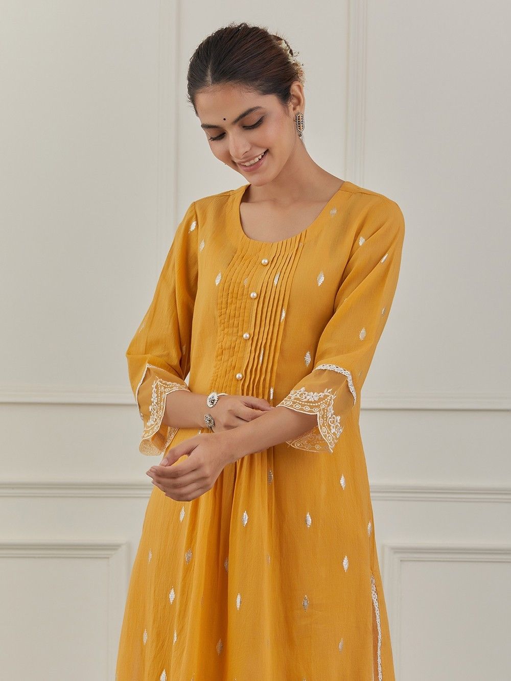 Buy Yellow Cotton Lurex Pintuck Suit with Embroidered Organza Dupatta ...