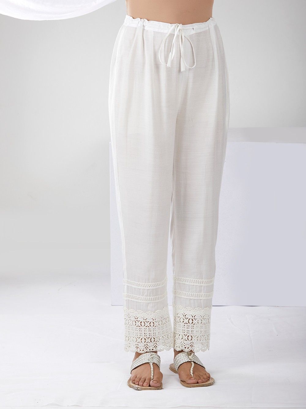 Embellished Cotton Silk Pant in Off White  BMN51