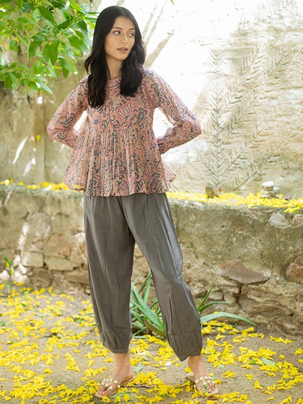 Buy Pink Hand Block Printed Chanderi Top with Grey Modal Afgani Pants- Set  of 2, FE22-COORD09/ANAS1
