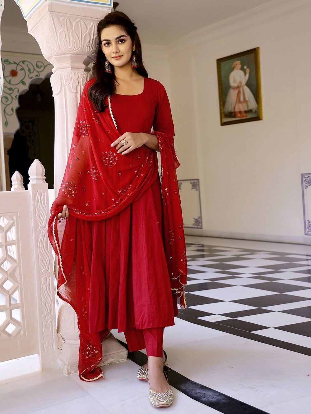 Buy Red Cotton Anarkali Suit with Hand ...