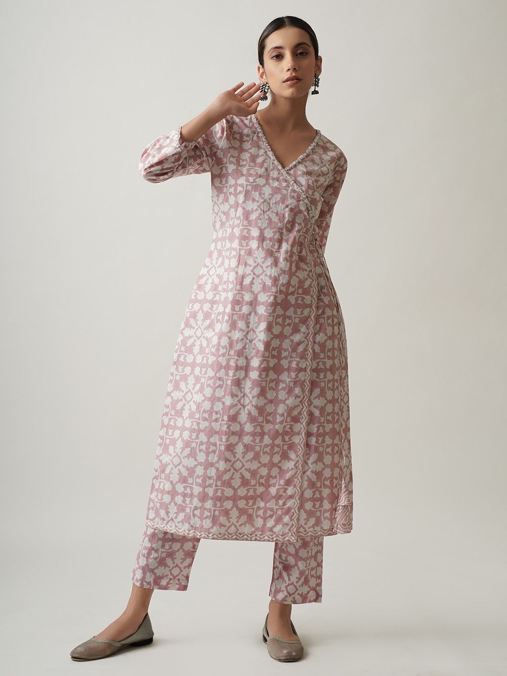 Buy Light Pink Hand Block Printed Cotton Kurta with Pants - Set of 2, TAID504/TAID5