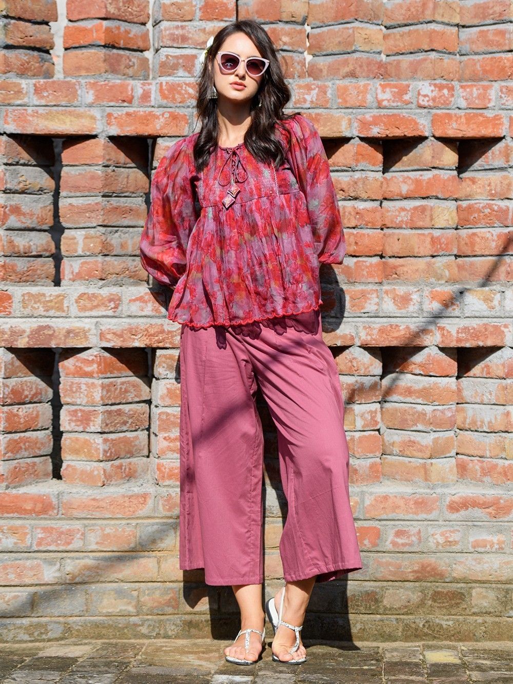 Buy Qua Bubble Gum Pink  Muted Red Fluid Top with Pant for Women Online   Tata CLiQ Luxury