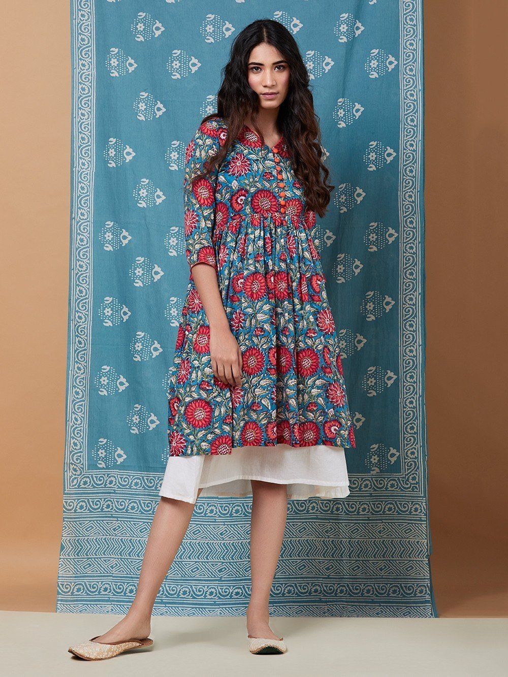 Buy Blue Red Hand Block Printed Cotton ...
