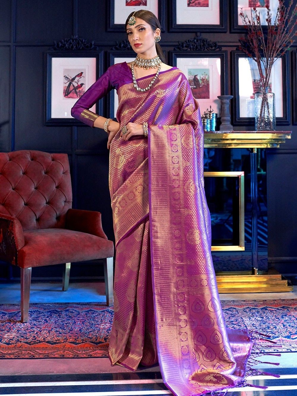 Purple Handloom Kanjivaram Silk Saree with Gold Zari Weave – WeaverStory