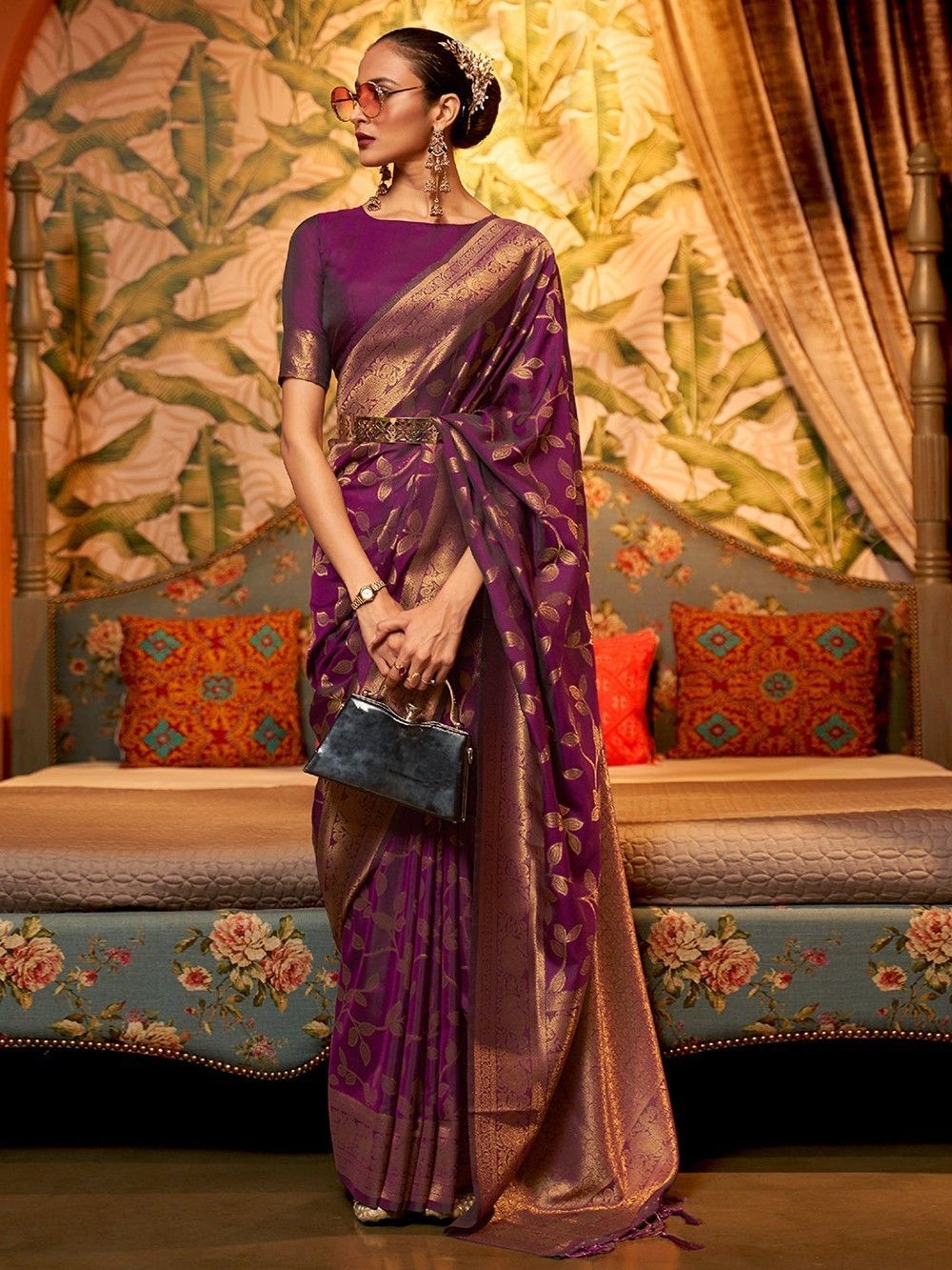 Purple Kanjivaram Silk Saree with Silver Zari Checks - Mirra Clothing