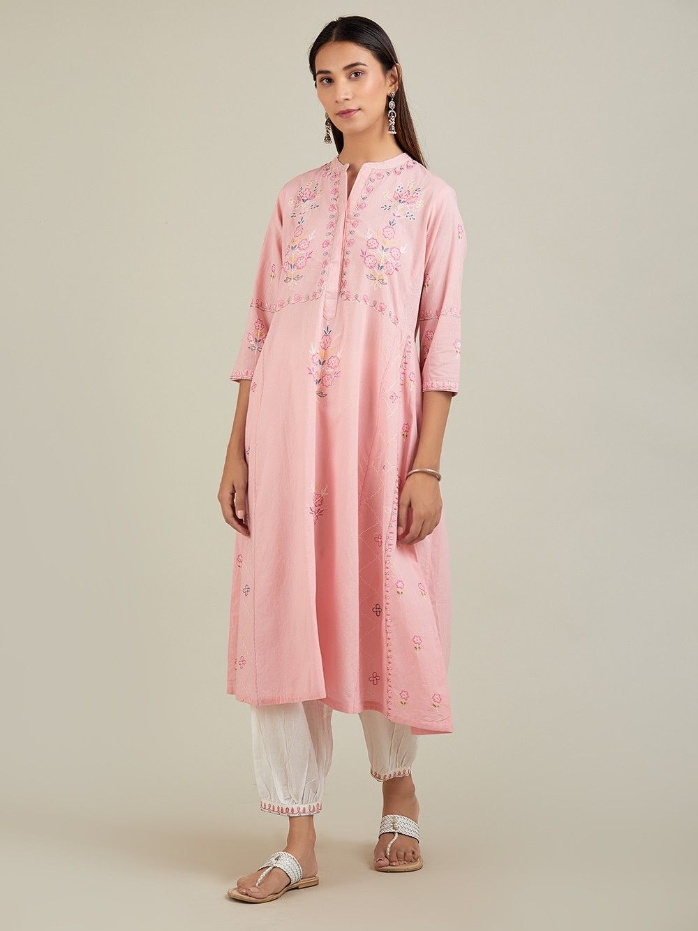 Buy Pink White Aari Embroidered Cotton Anarkali Suit - Set of 3 ...