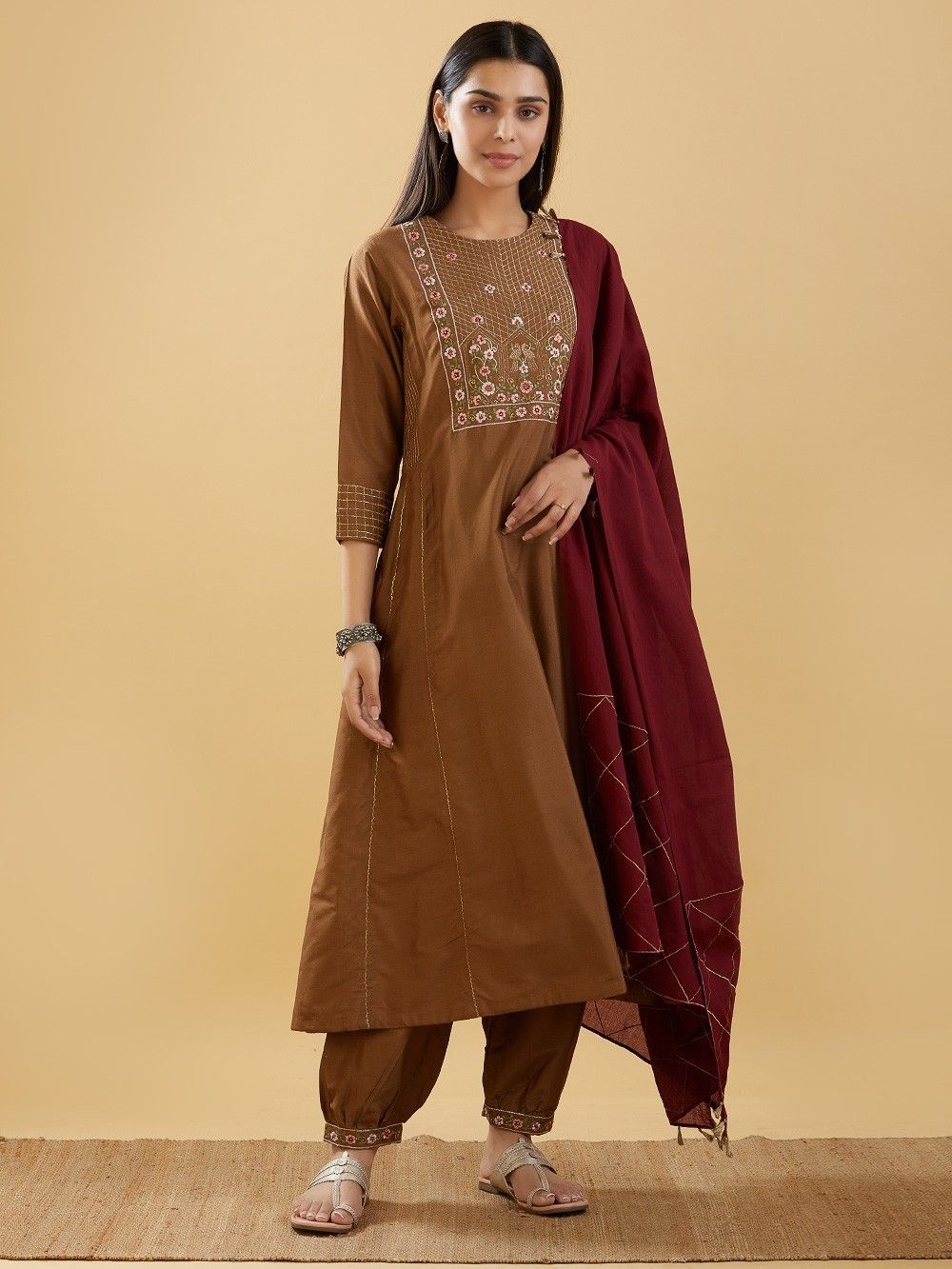 Buy Brown Embroidered Cotton Silk Anarkali Kurta with Pants - Set of 2 ...