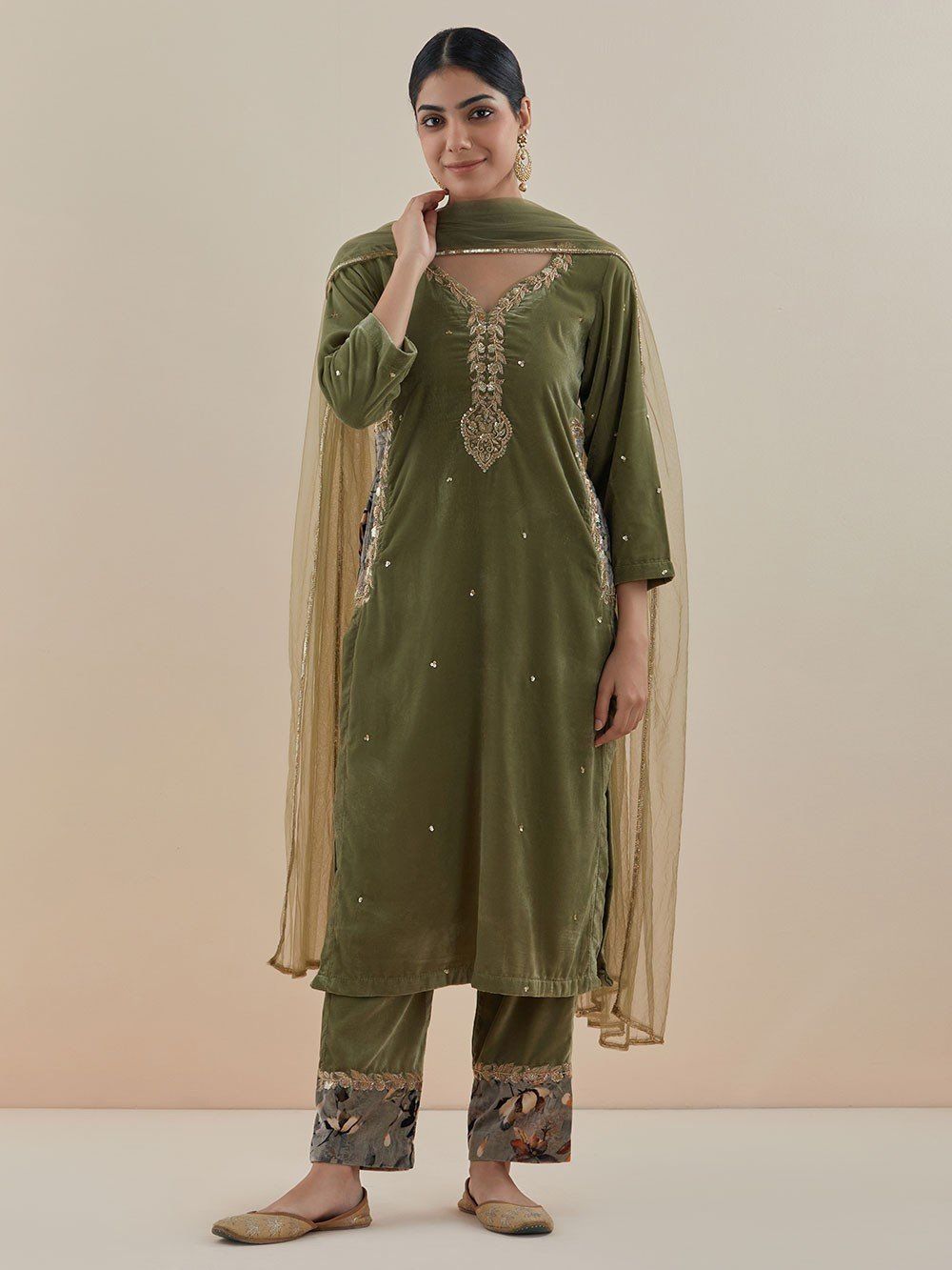 Buy Green Hand Embroidered Velvet Silk Suit with Gota Net Dupatta - Set of  3, MK/R16/MAK10DEC