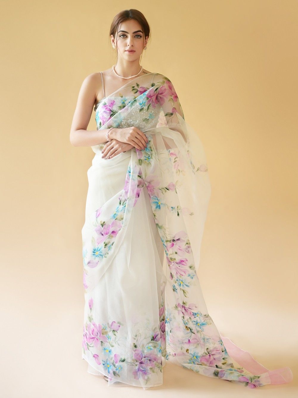 Off White Floral Sequins Embroidered Art Silk Saree