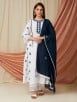 White Blue Hand Block Printed Cotton Embroidered Kurta with Pants- Set of 2