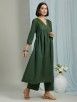Olive Green Embroidered Cotton Gathered Kurta with Pants- Set of 2