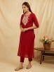 Maroon Hand Embroidered Cotton Kurta with Pants - Set of 2