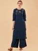 Blue Embroidered Cotton Silk Kurta with Flared Palazzo - Set of 2