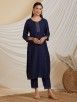 Navy Blue Embroidered Chanderi Suit with Brown Dupatta- Set of 3