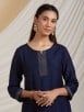 Navy Blue Embroidered Chanderi Suit with Brown Dupatta- Set of 3