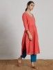 Coral Embroidered Cotton Lurex Gathered Kurta with Blue Linen Pants- Set of 2
