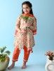 White Orange Hand Block Printed Cotton Anarkali Suit- Set of 3