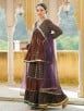 Brown Printed Muslin Gota Work Sharara Suit with Purple Net Dupatta- Set of 3