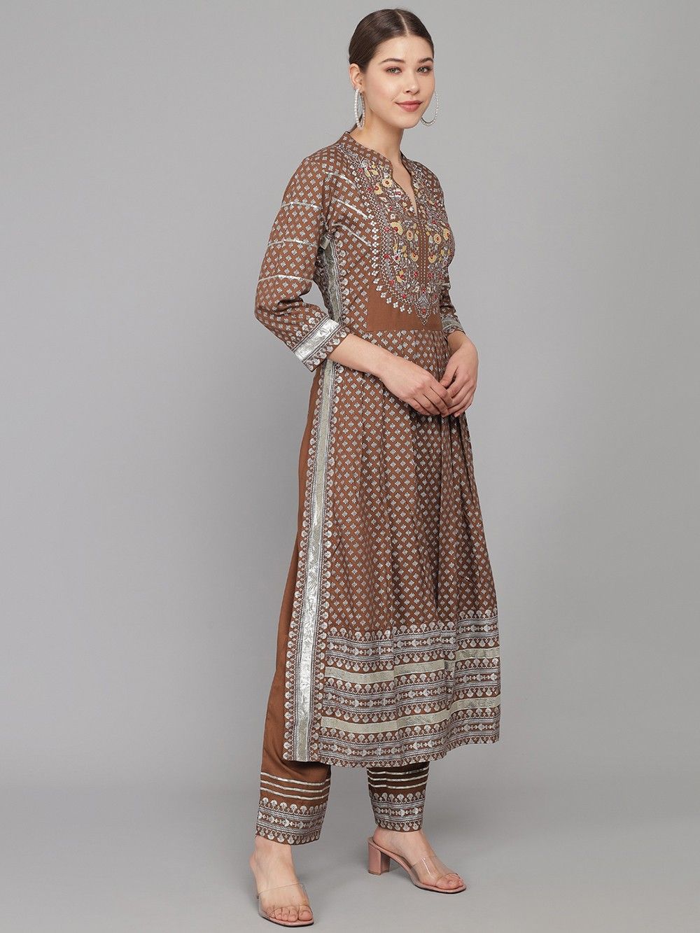 Brown Printed Cotton Straight Suit With Dupatta