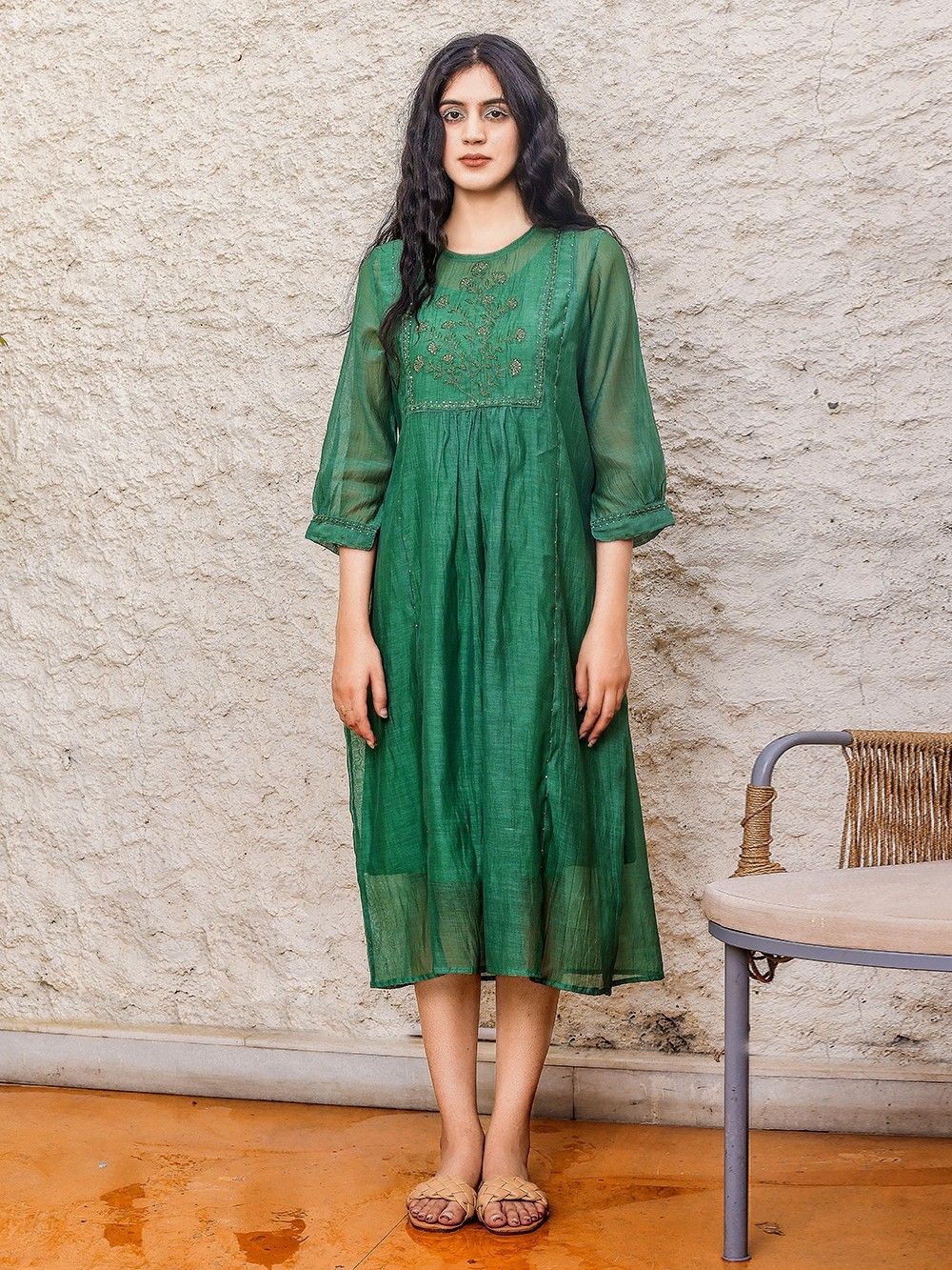 summer graduation party dresses Bottle Green Floral Embroidered Muslin Gown main image 1