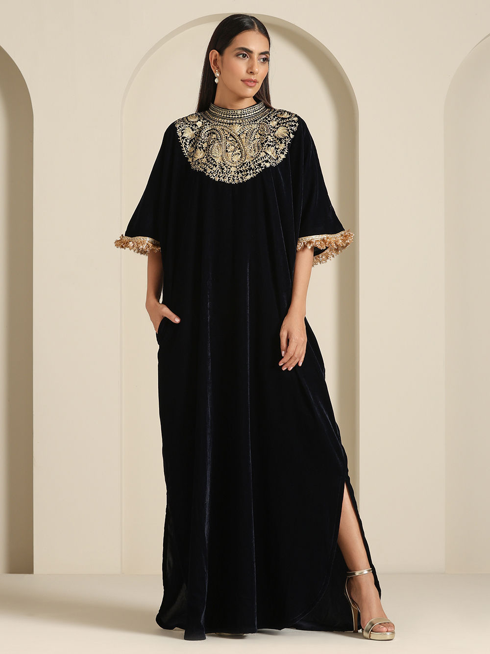 black embroidered flowers topstitching long sleeve mini dress Multi Embroidery Kaftan Pret 1 PC XS main image 1
