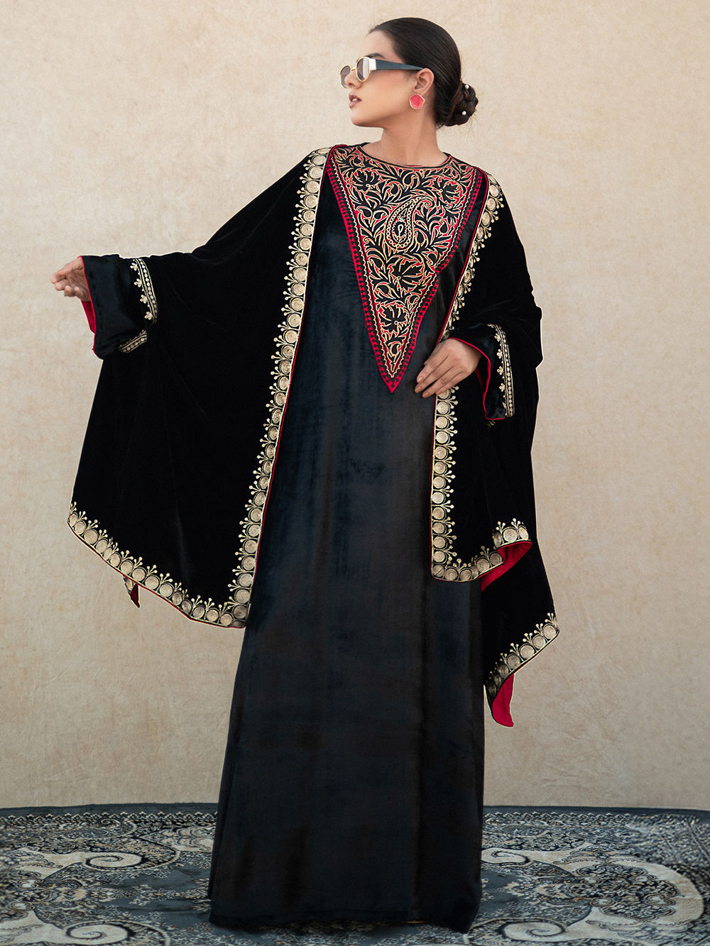 Black Kashmiri Tilla Embroidered Velvet Dress with Cape- Set of 2
