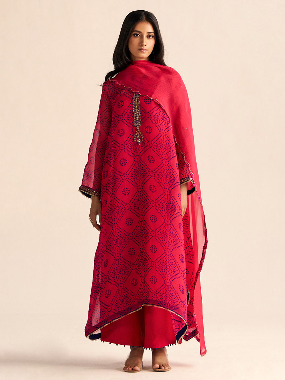 Red Bandhani Printed Silk Suit- Set of 3