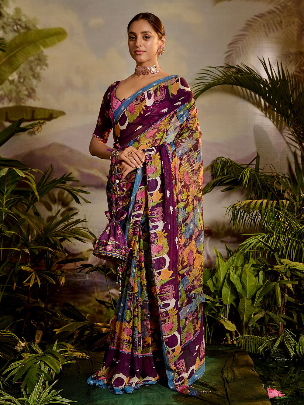 Multicolor Printed Chiffon Lurex Saree with Embroidered Blouse - Set of 2