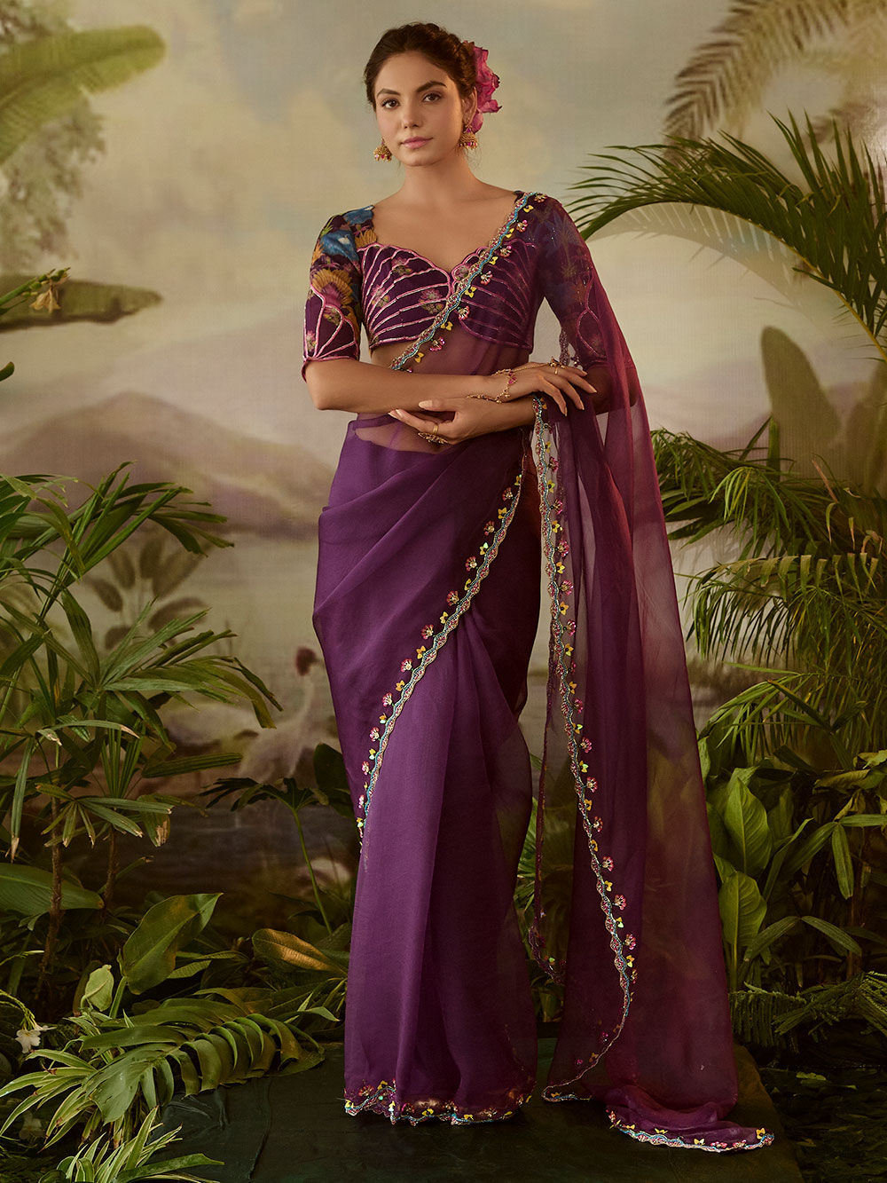 Purple Hand Embroidered Organza Saree with Printed Blouse - Set of 2
