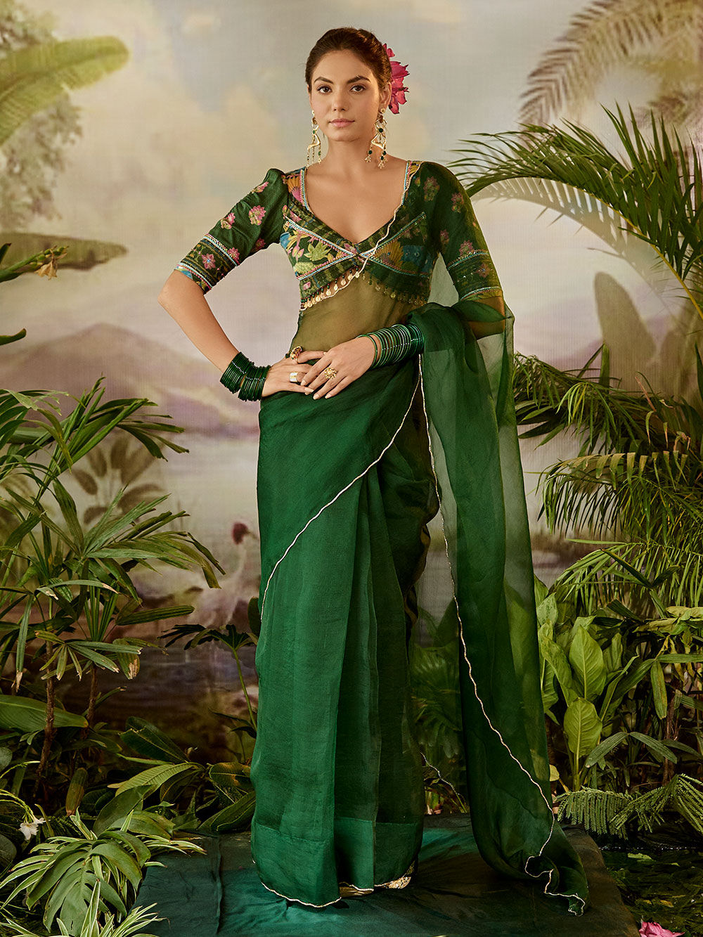 Green Embroidered Organza Saree with Printed Blouse - Set of 2