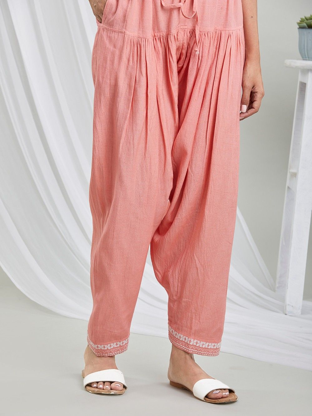 Peach Embroidered Viscose Linen Salwar