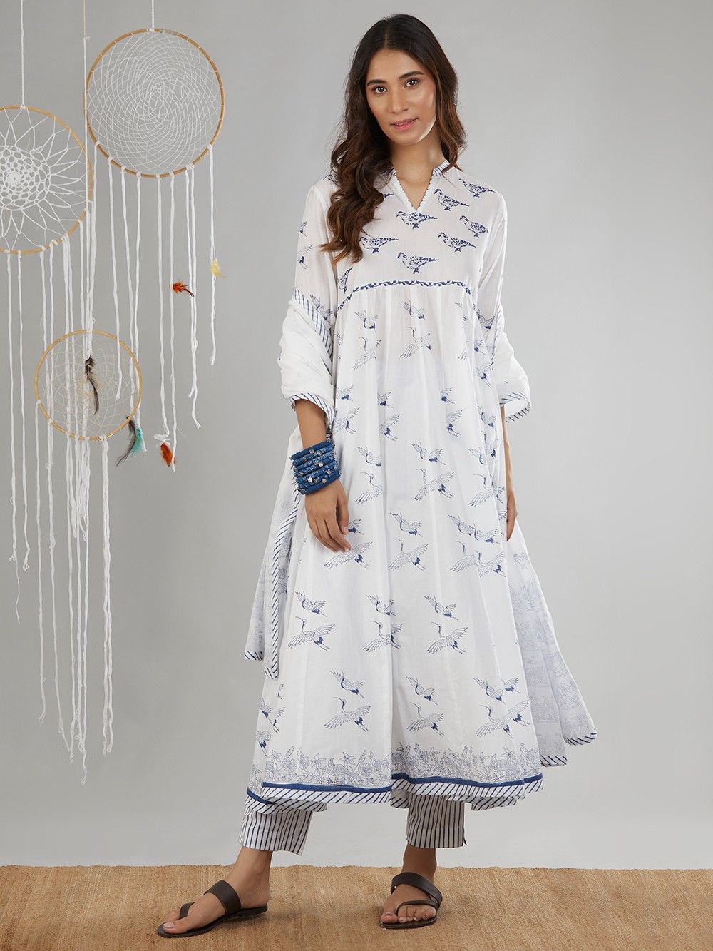 White Blue Bird Printed Cotton Anarkali Suit- Set of 3