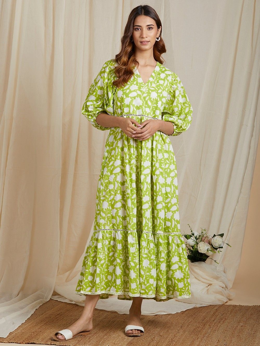 white christmas dresses Baltic Born Womens Kearny Ruffle Maxi Dress | Dark Green Floral main image 0