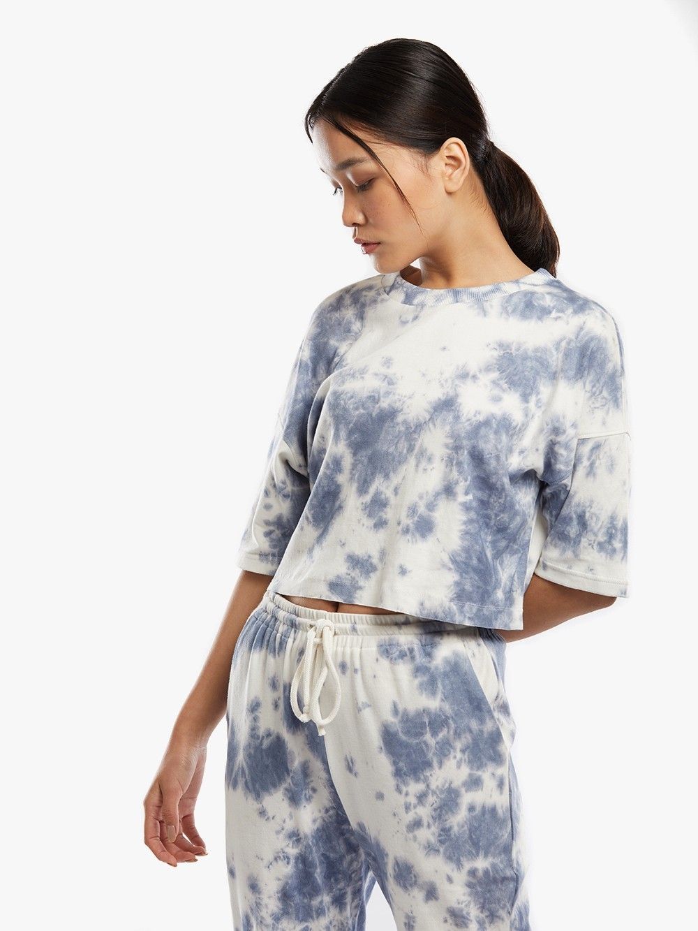 White Blue Hand Tie and Dye Crop Top