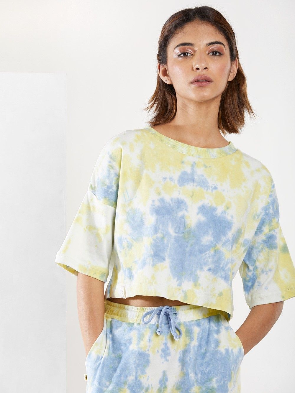 Yellow Blue Hand Tie and Dye Crop Top